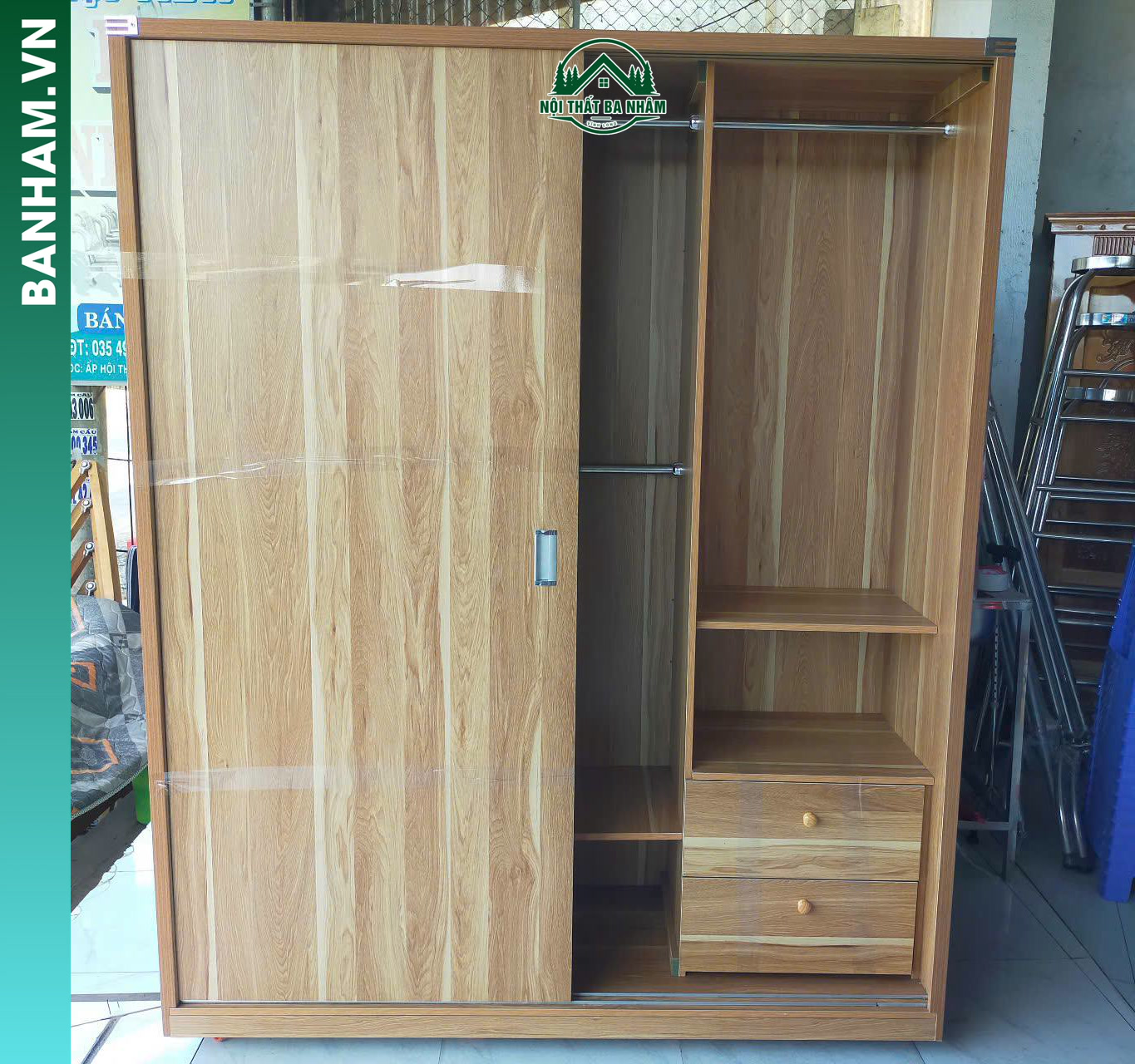 Tủ quần áo cửa lùa vân gỗ hiện đại