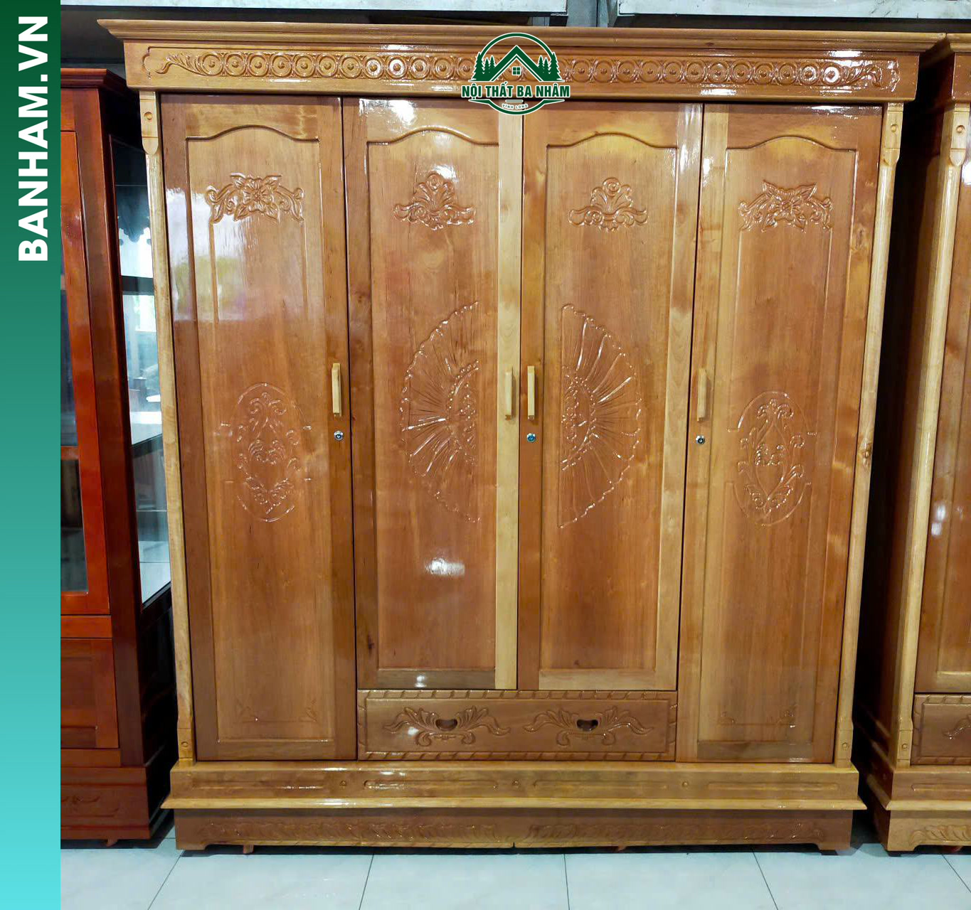 Tủ quần áo gỗ tự nhiên 4 cánh chạm khắc