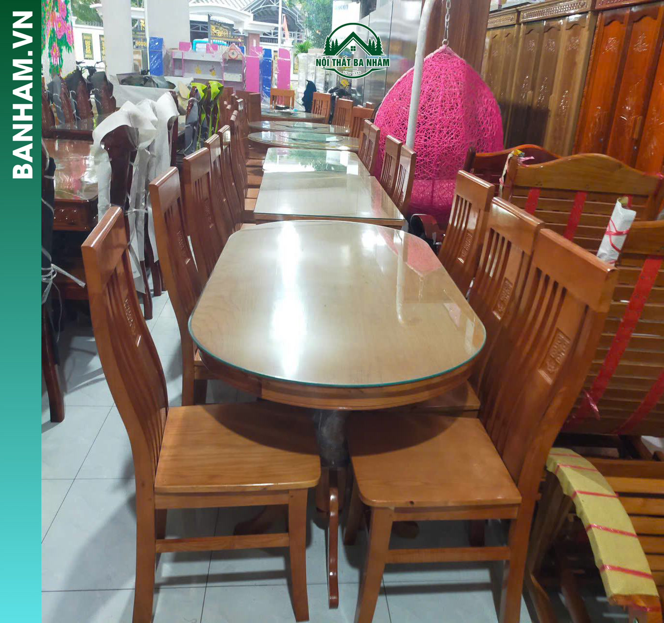 Bộ bàn ăn gỗ tự nhiên mặt kính 6 ghế