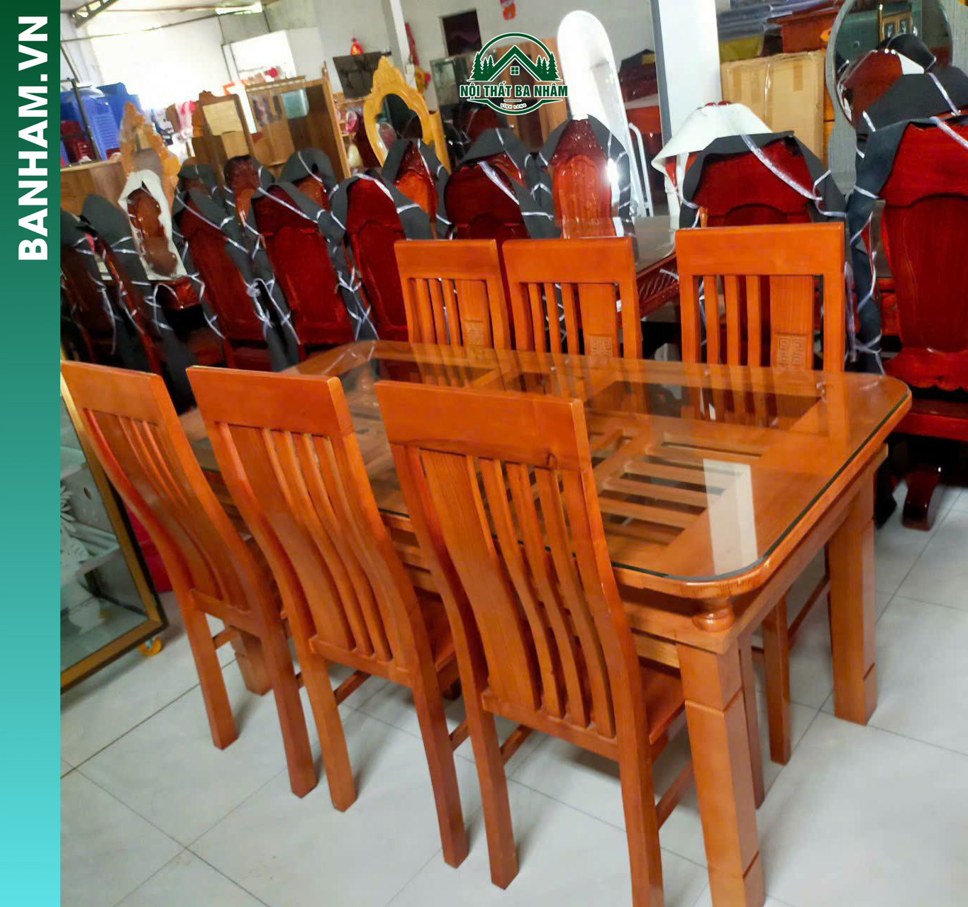 Bộ bàn ăn gỗ tự nhiên 6 ghế mặt kính