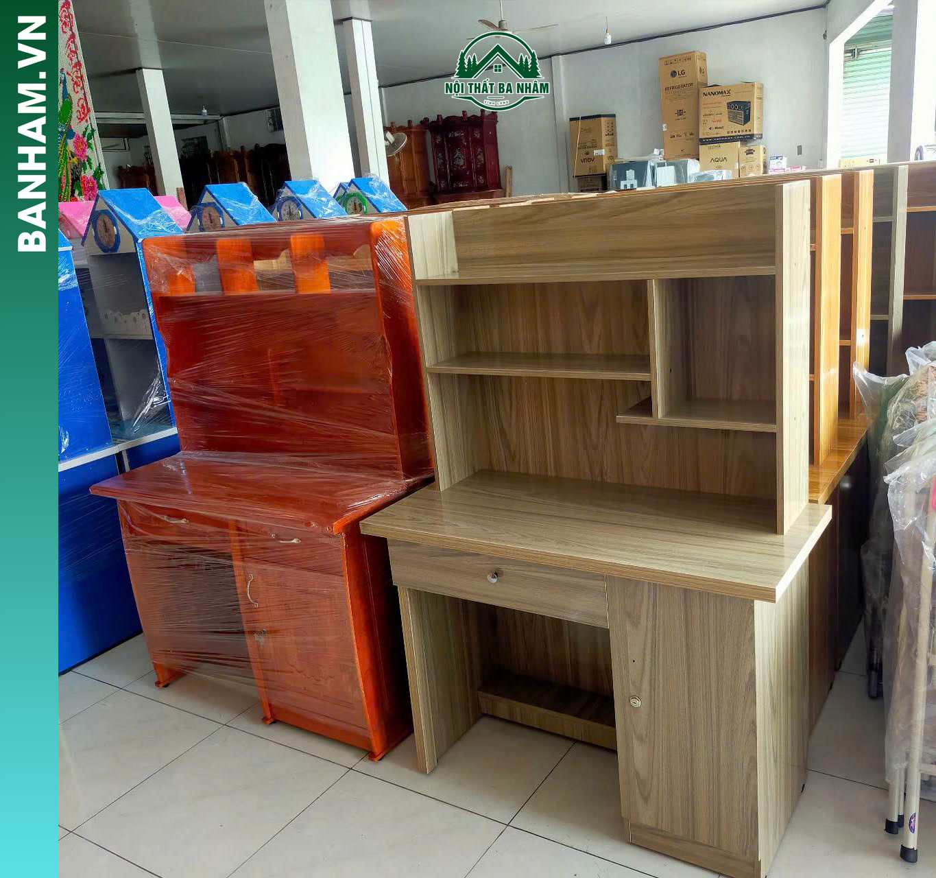 Bàn học sinh liền kệ gỗ công nghiệp vân sồi