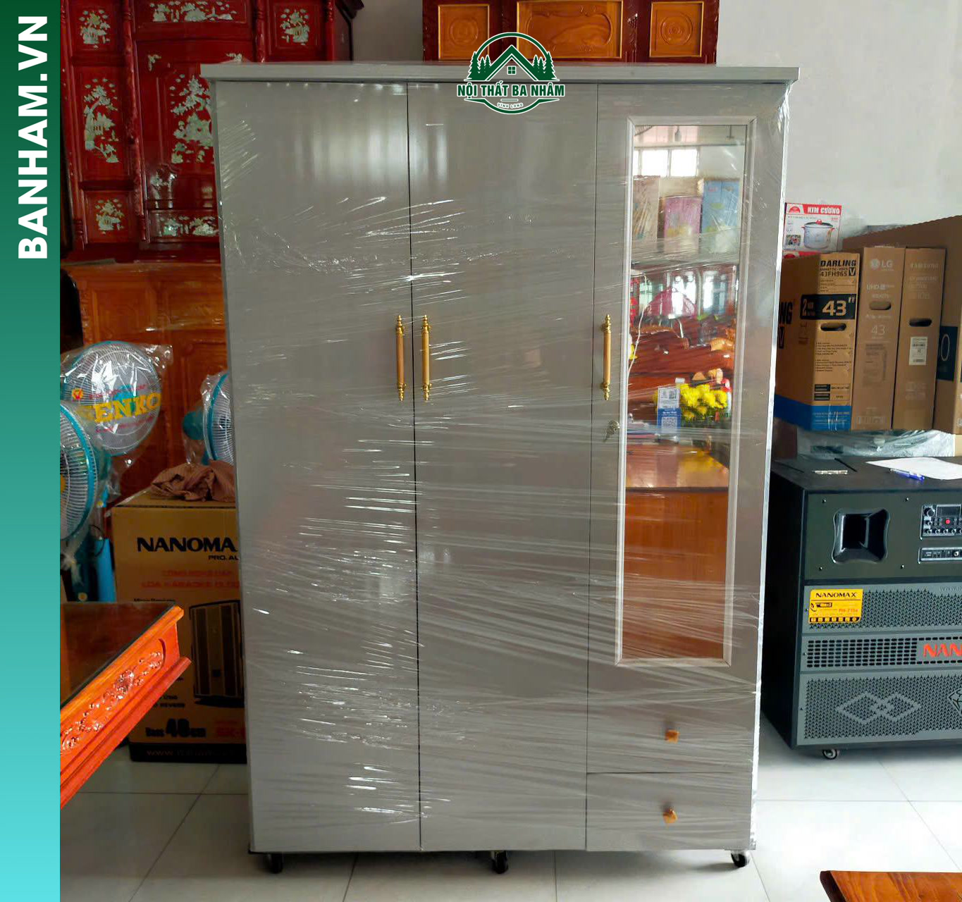 Tủ quần áo MDF màu xám có cánh kính