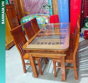 Bộ bàn ăn gỗ mặt kính 6 ghế