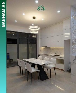 Bộ bàn ăn mặt đá vân mây chân trụ hiện đại Bến Tre