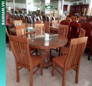 Bộ bàn ăn tròn gỗ mặt kính Bến Tre