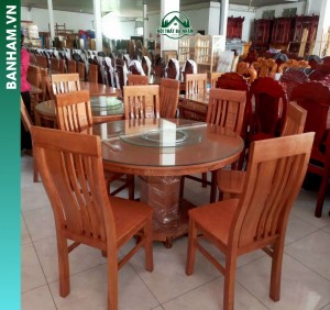 Bộ bàn ăn tròn gỗ mặt kính xoay