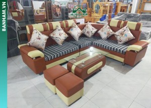 Bộ sofa góc chữ L da phối nâu kem kèm bàn trà Bến Tre