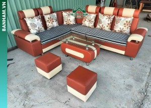 Bộ sofa góc chữ L da phối nâu kem kèm bàn trà Bến Tre