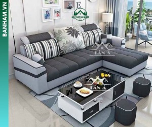Bộ sofa góc chữ L vải nỉ hiện đại phối gối trang trí Bến Tre