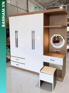 Tủ quần áo 3 cánh trắng vân gỗ bàn trang điểm gương tròn LED Bến Tre