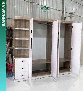 Tủ quần áo 3 cánh trắng vân xám kệ hông 3 ngăn kéo Bến Tre