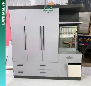 Tủ quần áo 3 cánh xám bàn trang điểm 4 ngăn kéo Bến Tre
