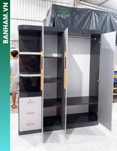 Tủ quần áo 3 cánh xám kệ cong 3 ngăn kéo Bến Tre