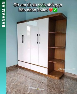 Tủ quần áo 4 cánh trắng phối nâu kệ hông Bến Tre