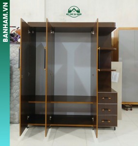 Tủ quần áo 4 cánh vân gỗ bàn trang điểm gương tròn LED Bến Tre