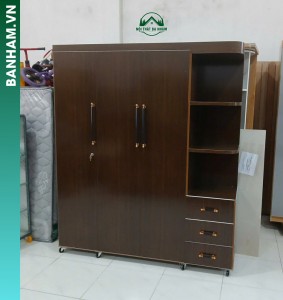 Tủ quần áo 4 cánh vân gỗ bàn trang điểm gương tròn LED Bến Tre