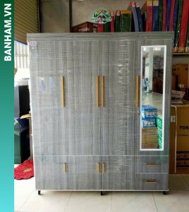Tủ quần áo 4 cánh xám kính soi 2 ngăn kéo Bến Tre