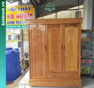 Tủ quần áo gỗ tự nhiên 3 cánh chạm hoa văn